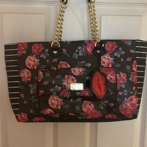 Luv Betsy By Betsy Johnson Floral and Silver Glitter Striped Tote